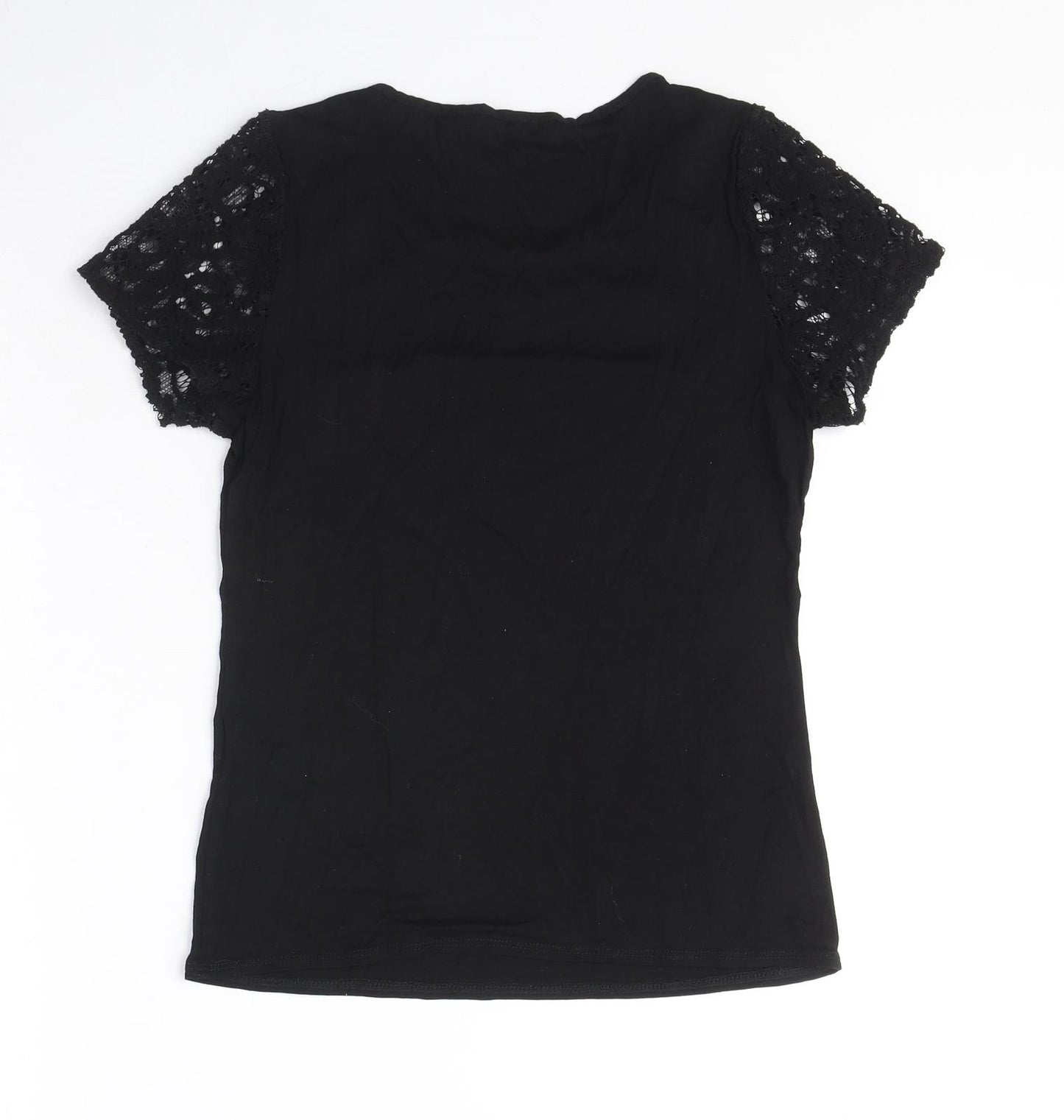 Betty Jackson Womens Black Viscose Basic T-Shirt Size 10 Round Neck - Lace Detail