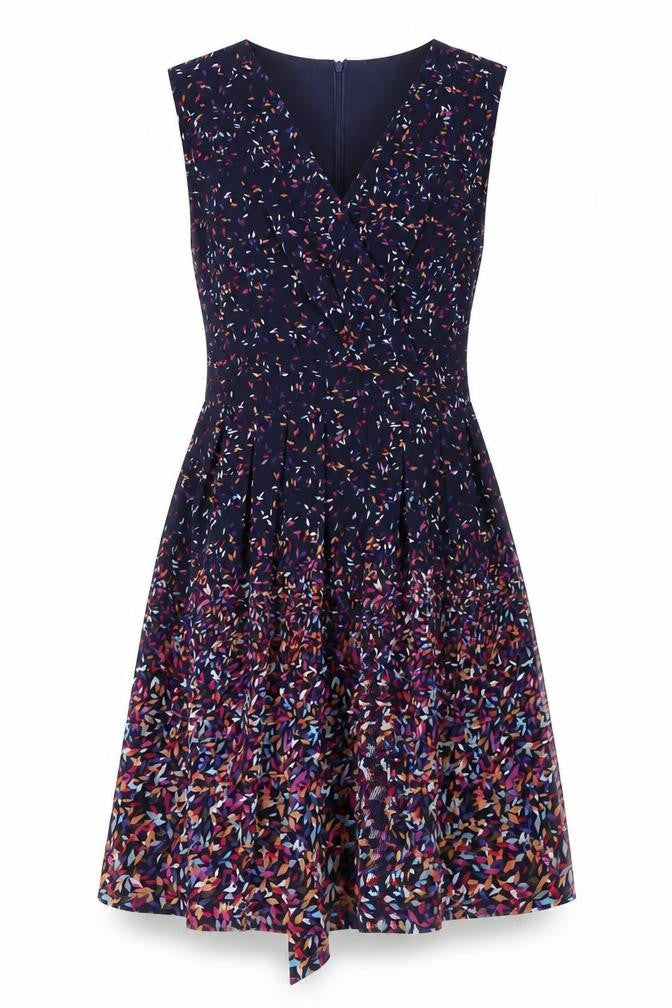 Front view of anisa women’s blue geometric polyester a-line, size S, v-neck zip -, size S-m