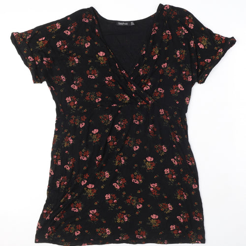Boohoo Womens Black Floral Viscose A-Line Size 16 V-Neck Pullover