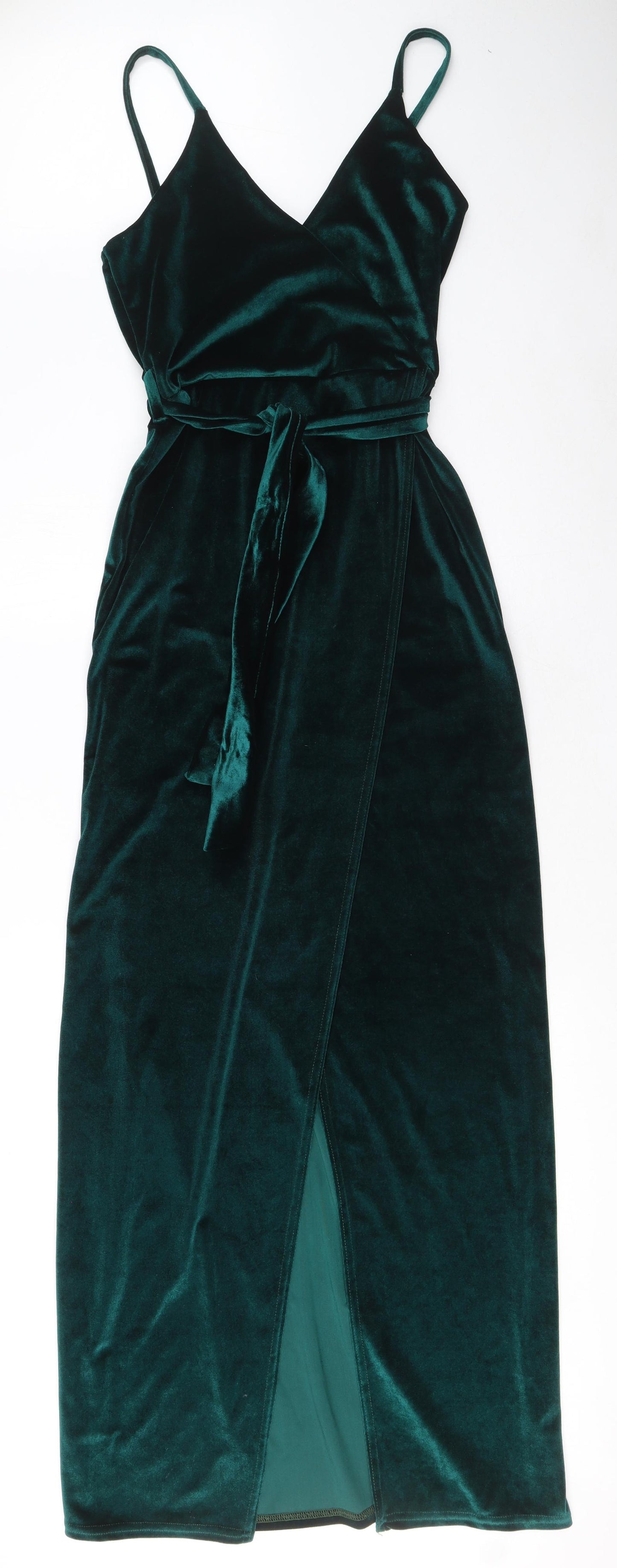 Boohoo Womens Green Polyester Maxi Size 14 V-Neck Pullover - Tie detail, Slit hem