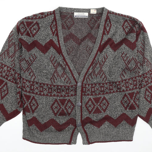Club Internarional Mens Grey V-Neck Fair Isle Acrylic Cardigan Jumper Size M Long Sleeve