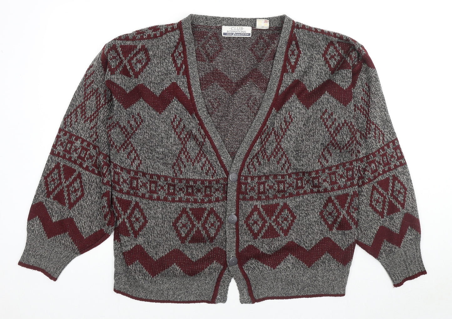Club Internarional Mens Grey V-Neck Fair Isle Acrylic Cardigan Jumper Size M Long Sleeve