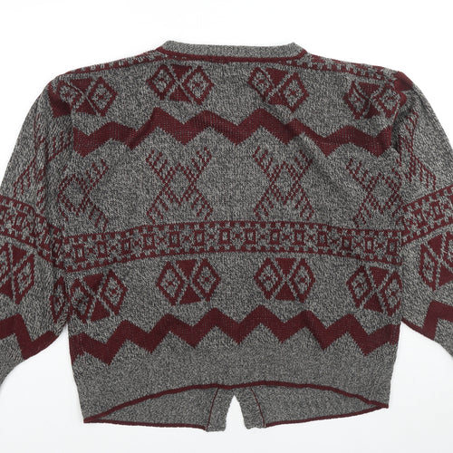 Club Internarional Mens Grey V-Neck Fair Isle Acrylic Cardigan Jumper Size M Long Sleeve