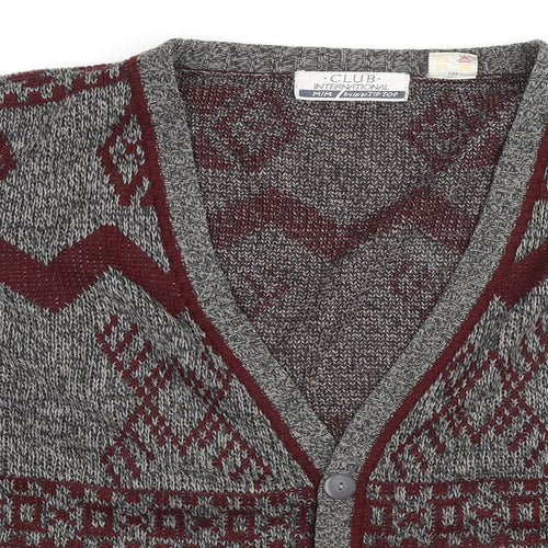Club Internarional Mens Grey V-Neck Fair Isle Acrylic Cardigan Jumper Size M Long Sleeve
