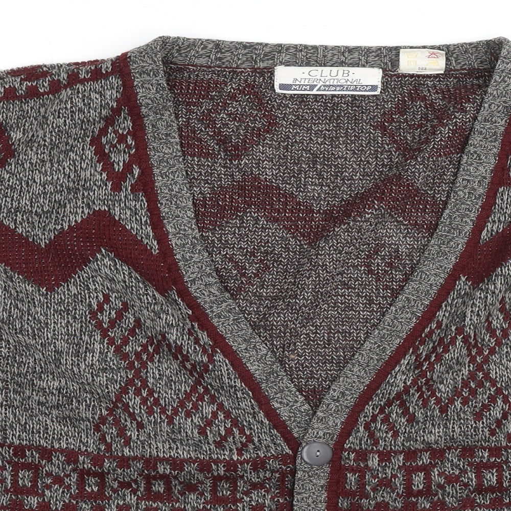 Club Internarional Mens Grey V-Neck Fair Isle Acrylic Cardigan Jumper Size M Long Sleeve