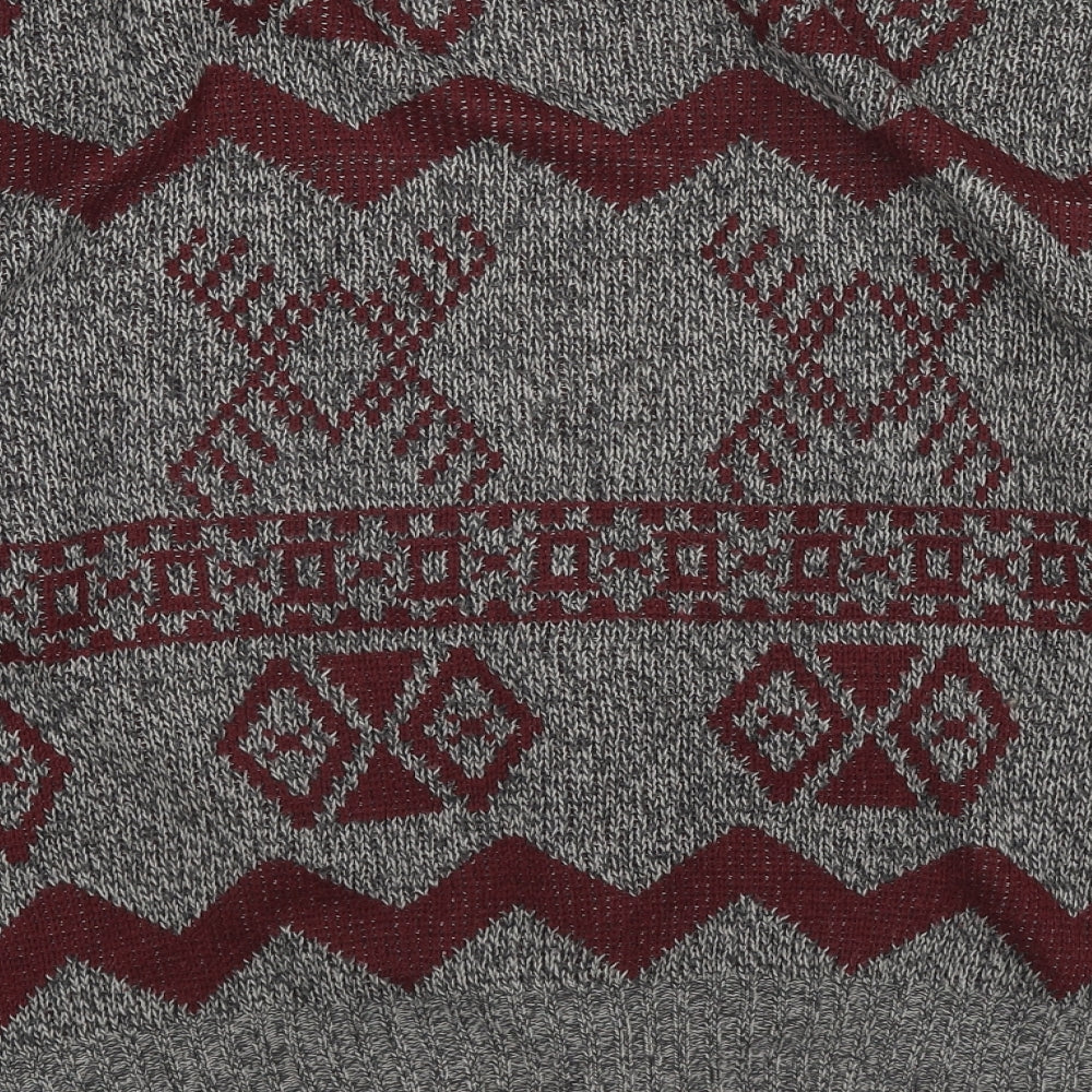 Club Internarional Mens Grey V-Neck Fair Isle Acrylic Cardigan Jumper Size M Long Sleeve