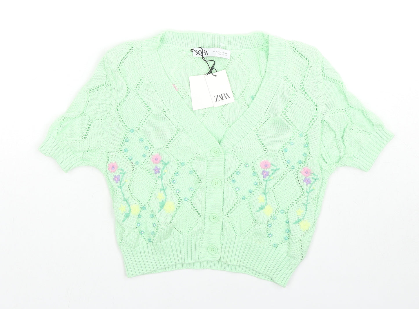 Zara Womens Green V-Neck Floral Polyester Cardigan Jumper Size S - Embraided Flowers, Gems