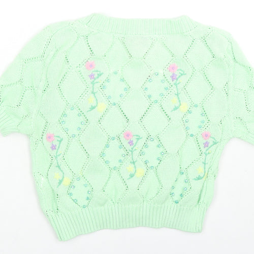 Zara Womens Green V-Neck Floral Polyester Cardigan Jumper Size S - Embraided Flowers, Gems