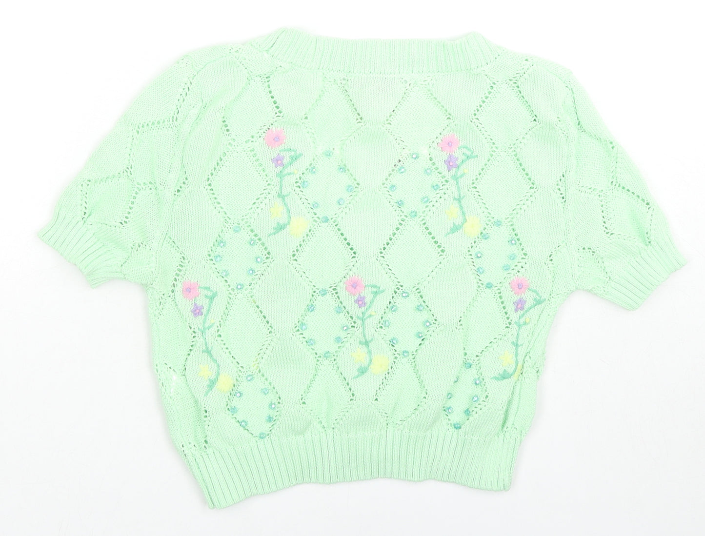 Zara Womens Green V-Neck Floral Polyester Cardigan Jumper Size S - Embraided Flowers, Gems