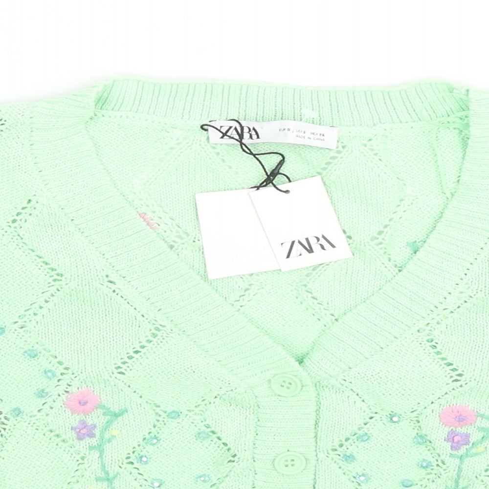 Zara Womens Green V-Neck Floral Polyester Cardigan Jumper Size S - Embraided Flowers, Gems