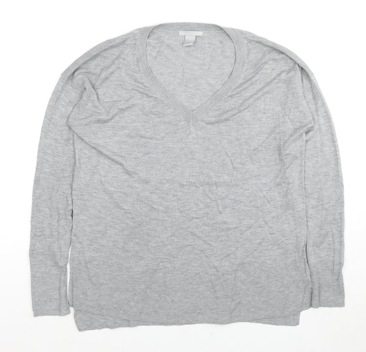 H&M Womens Grey V-Neck Acrylic Pullover Jumper Size S