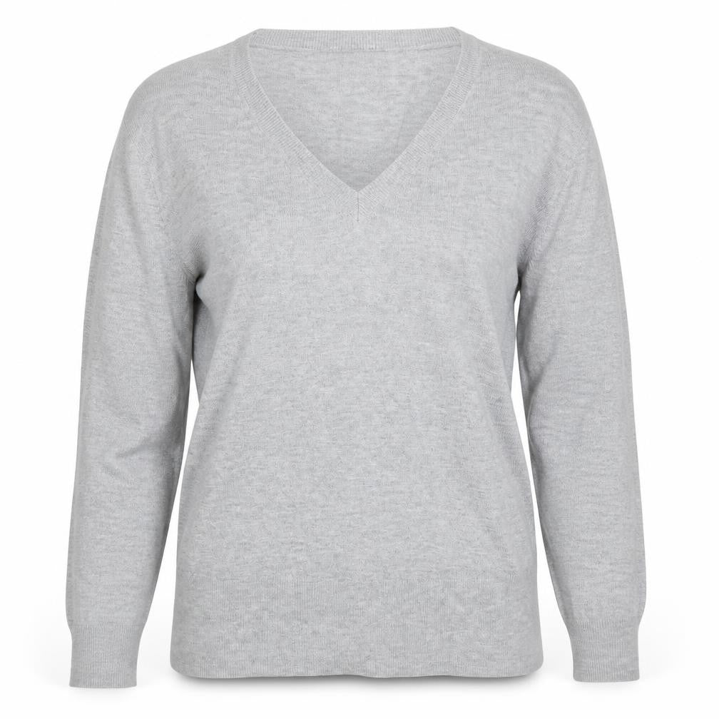 Front view of H&M women’s grey v-neck acrylic jumper, size S