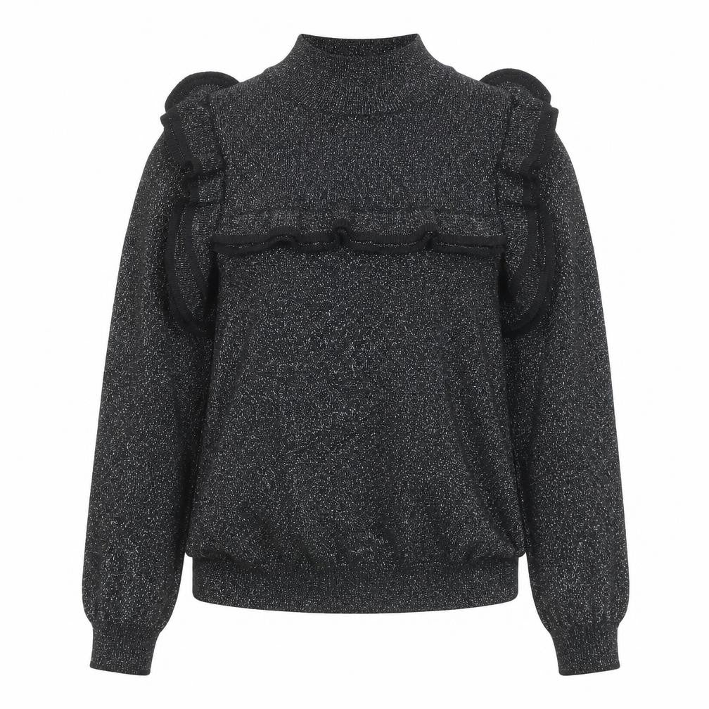 Front view of Marks & Spencer women’s black round neck viscose jumper, size UK 8, - glitter