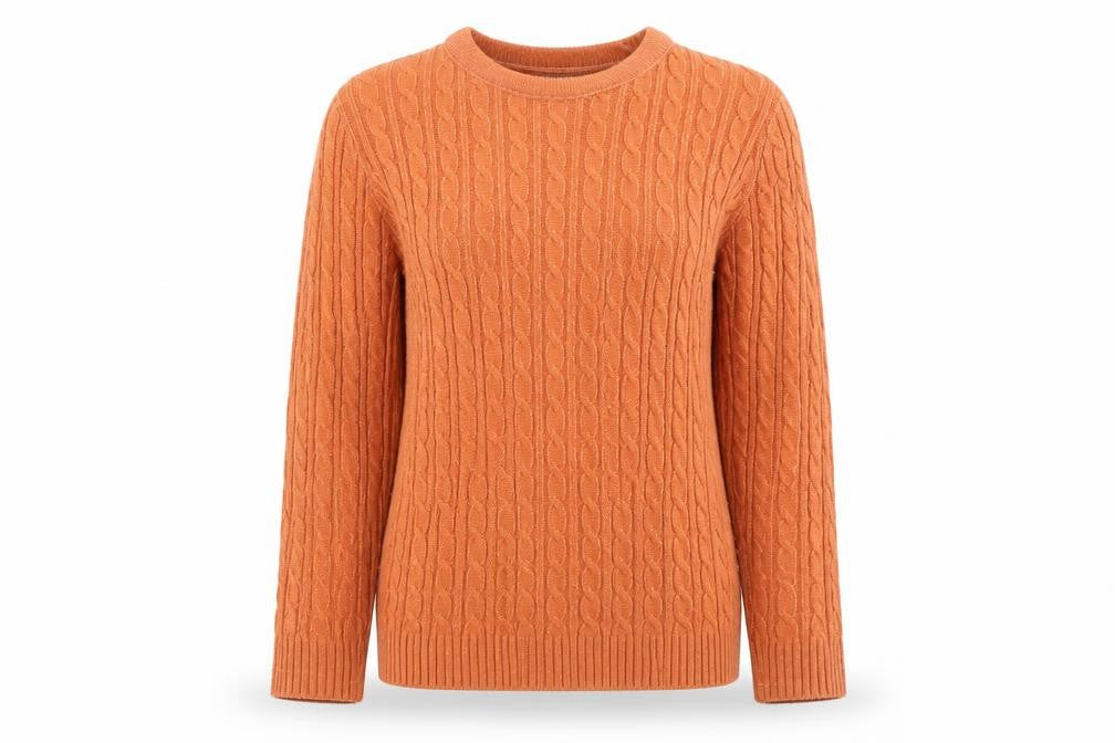 Front view of Pure & Natural women’s orange round neck acrylic jumper, size XS