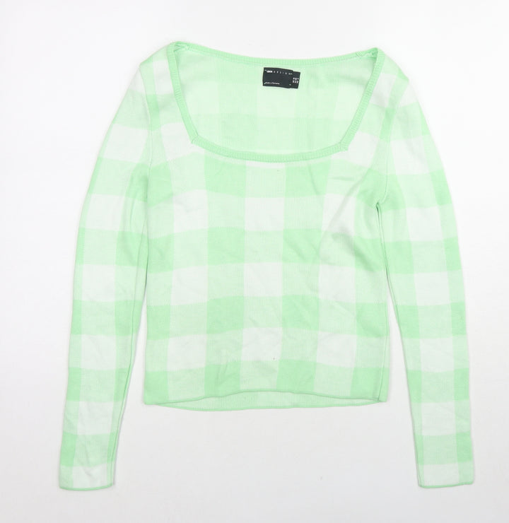 ASOS Womens Green Square Neck Check Acrylic Pullover Jumper Size 8