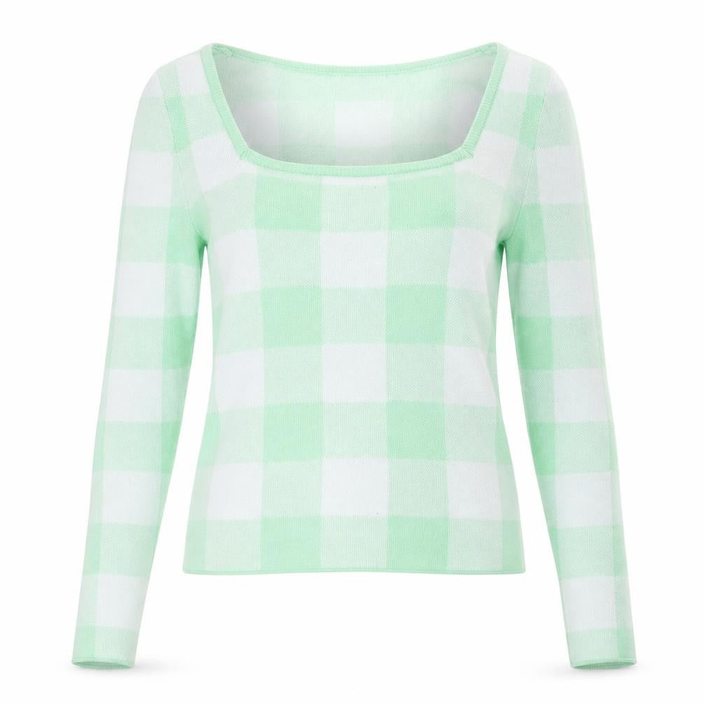 Front view of ASOS women’s green square neck check acrylic jumper, size UK 8