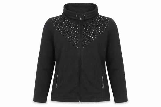 Front view of C&A women’s black cotton full zip sweatshirt, size M, zip - jeweled detail