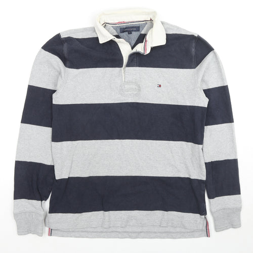 Tommy Hilfiger Mens Grey Striped Cotton Polo Size S Collared Pullover - Logo