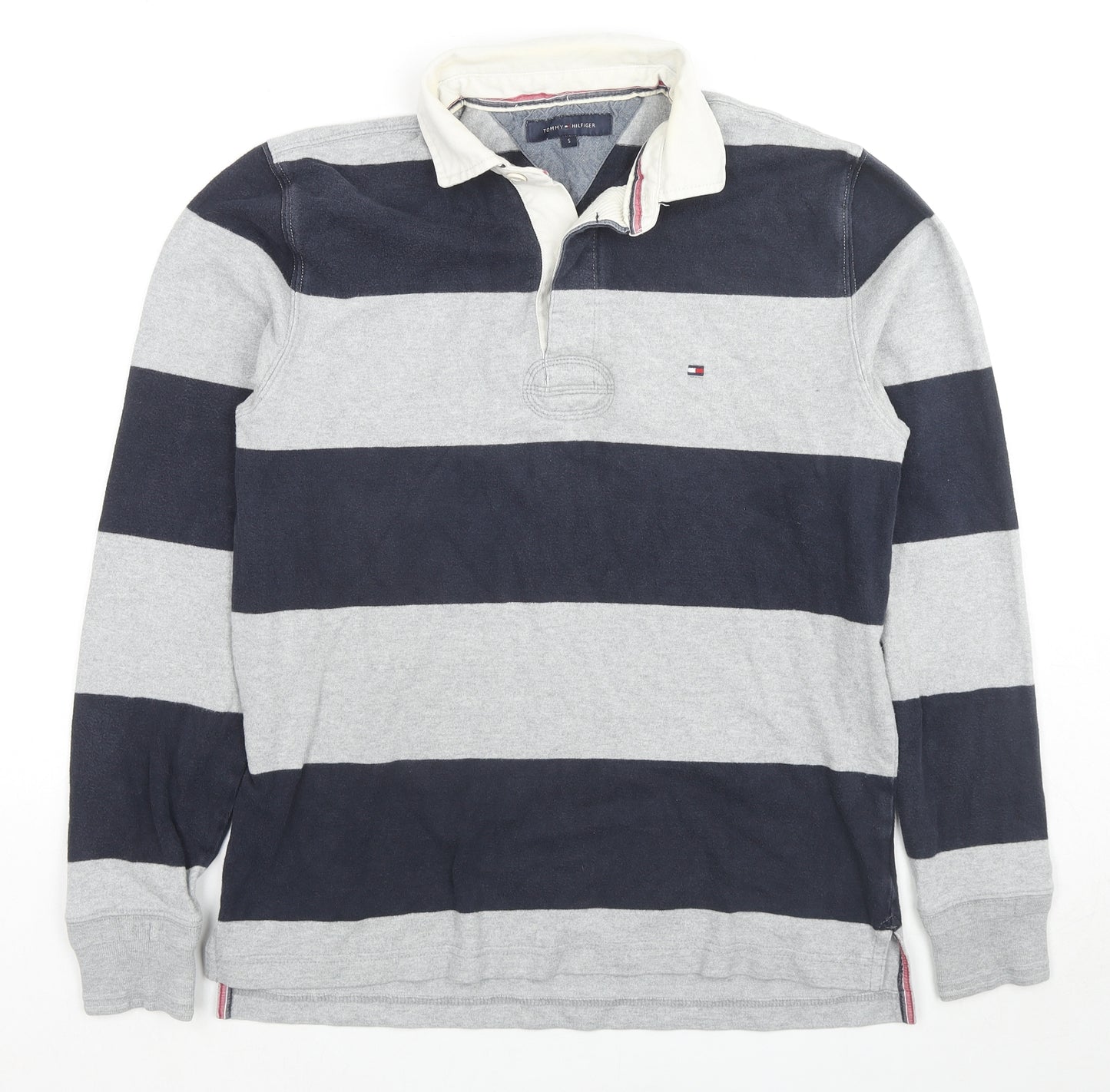 Tommy Hilfiger Mens Grey Striped Cotton Polo Size S Collared Pullover - Logo