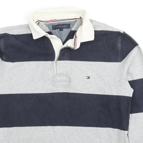 Tommy Hilfiger Mens Grey Striped Cotton Polo Size S Collared Pullover - Logo