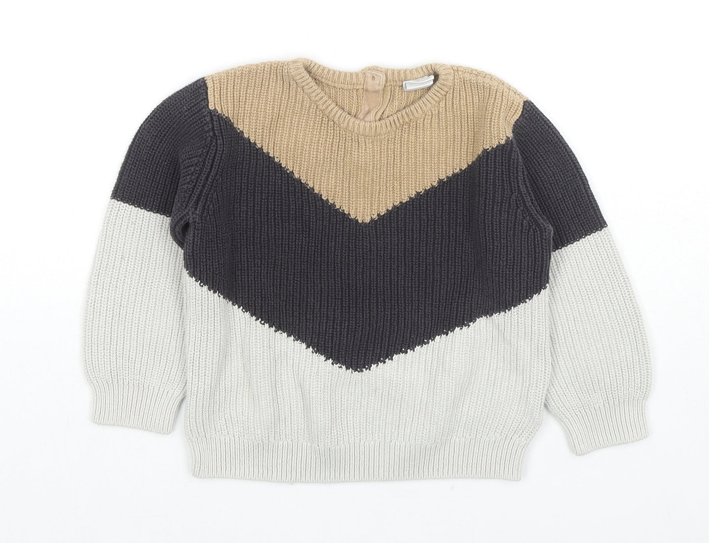 H&M Boys Multicoloured Round Neck Colourblock Cotton Pullover Jumper Size 2-3 Years Button