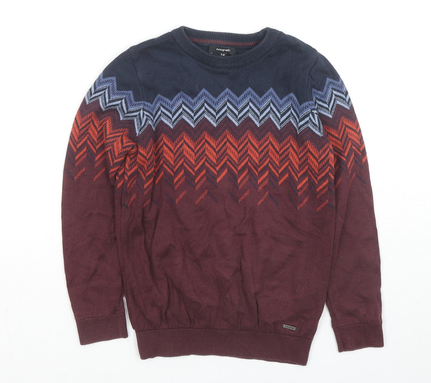 Autograph Boys Brown Round Neck Fair Isle Cotton Pullover Jumper Size 7-8 Years Pullover