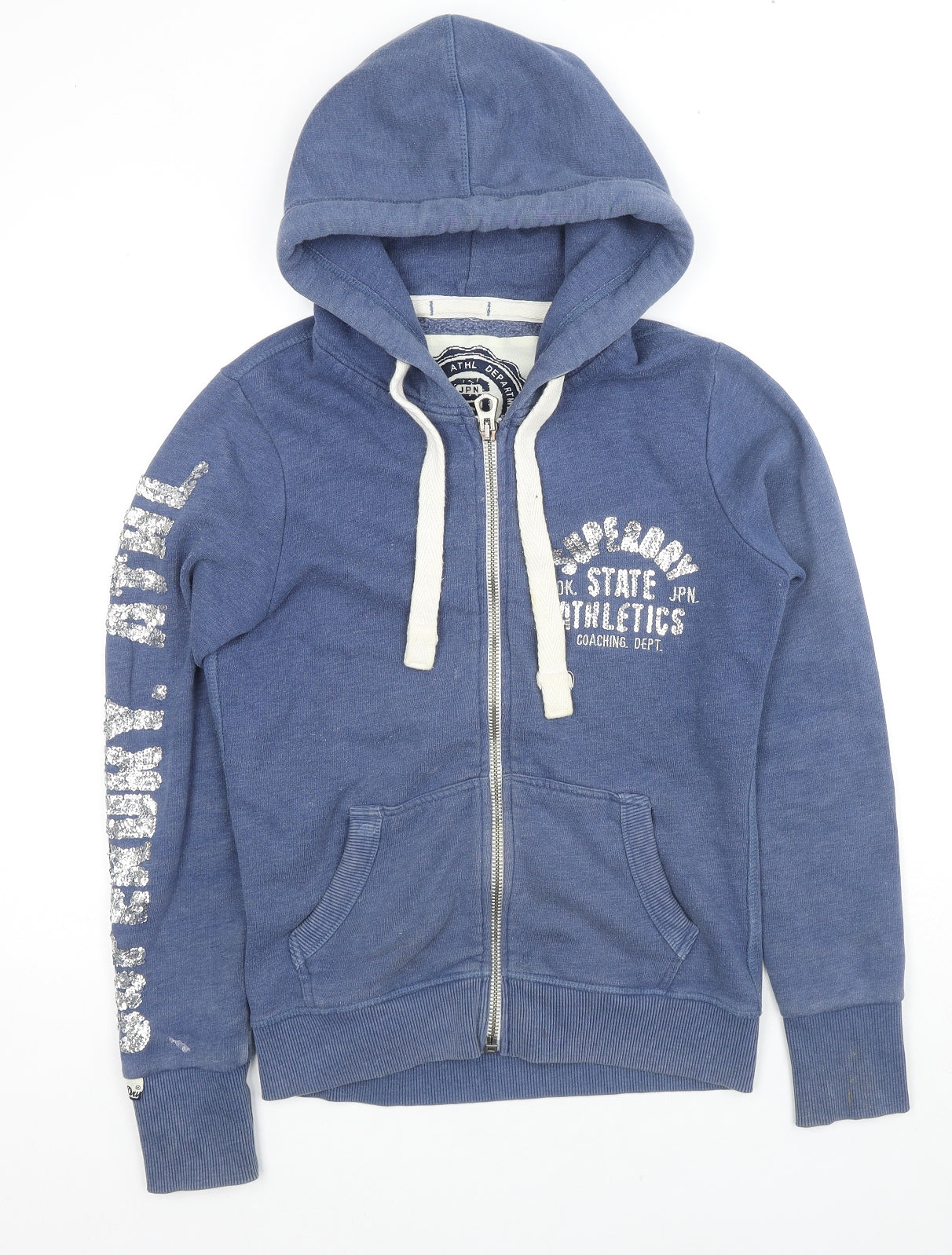 Superdry Womens Blue Cotton Full Zip Hoodie Size S Zip - Sequin Detail Logo