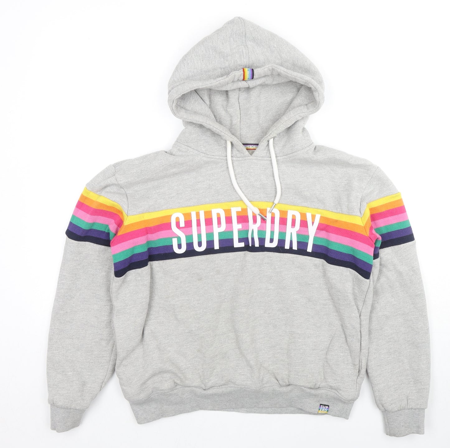 Superdry Womens Grey Striped Cotton Pullover Hoodie Size 10 Pullover - Rainbow Detail Logo Pockets