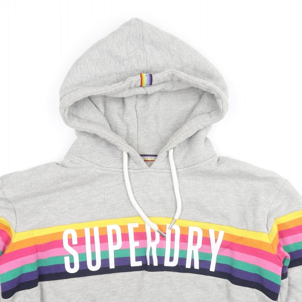 Superdry Womens Grey Striped Cotton Pullover Hoodie Size 10 Pullover - Rainbow Detail Logo Pockets