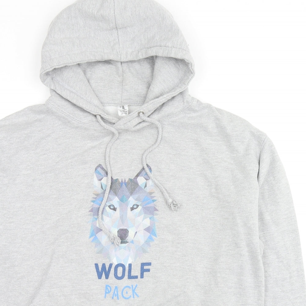 Just Hoods Mens Grey Cotton Pullover Hoodie Size L - Wolf Pack