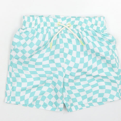 Marks and Spencer Boys Blue Check Polyester Bermuda Shorts Size 4-5 Years Regular Drawstring - Swim Shorts