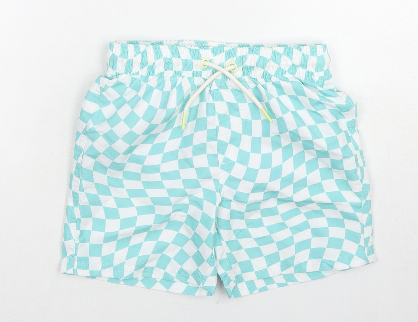 Marks and Spencer Boys Blue Check Polyester Bermuda Shorts Size 4-5 Years Regular Drawstring - Swim Shorts