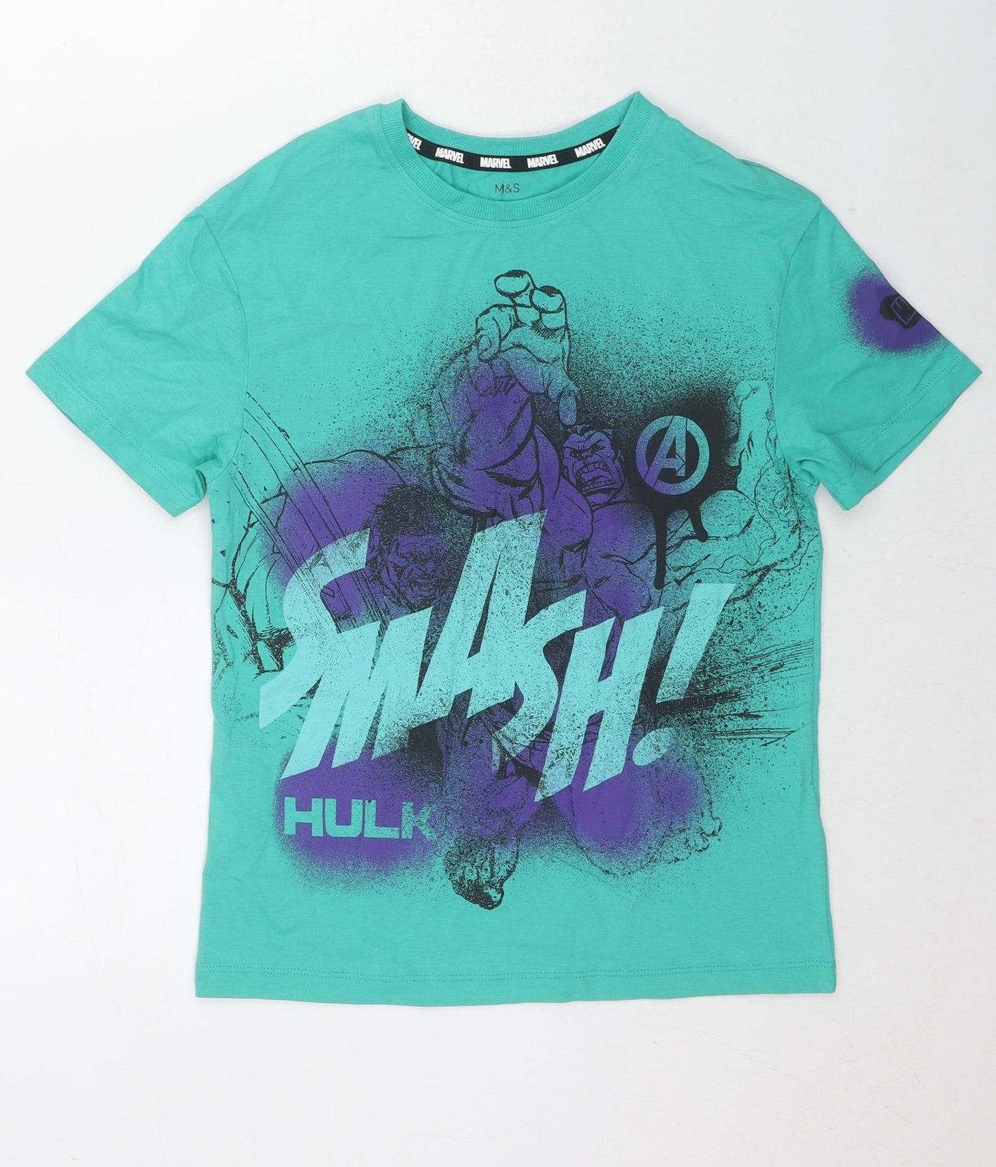 Marks and Spencer Boys Green Cotton Basic T-Shirt Size 9-10 Years Round Neck Pullover - Marvel Avengers Hulk