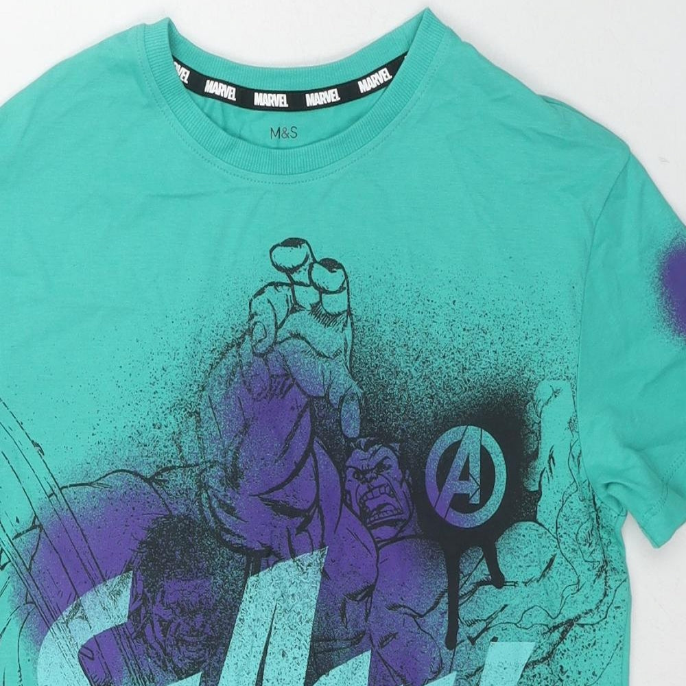 Marks and Spencer Boys Green Cotton Basic T-Shirt Size 9-10 Years Round Neck Pullover - Marvel Avengers Hulk