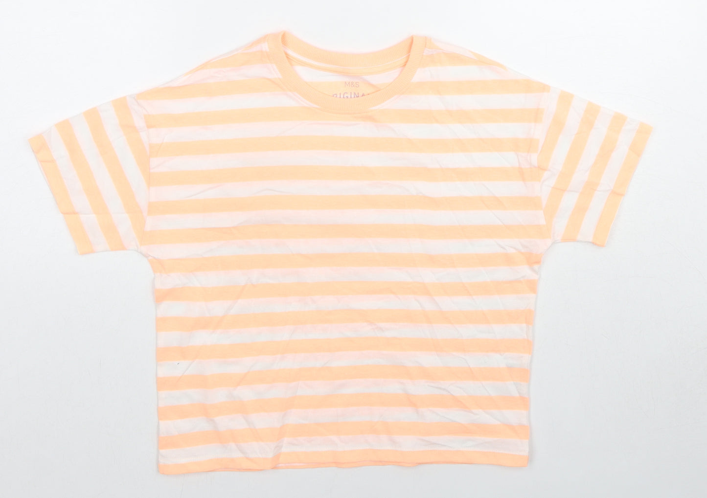 Marks and Spencer Girls Orange Striped Cotton Basic T-Shirt Size 10-11 Years Round Neck Pullover