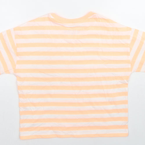 Marks and Spencer Girls Orange Striped Cotton Basic T-Shirt Size 10-11 Years Round Neck Pullover
