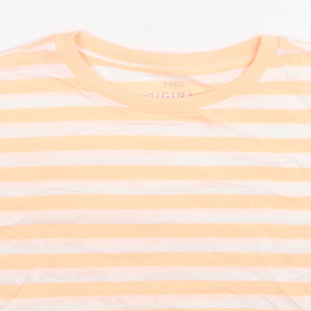 Marks and Spencer Girls Orange Striped Cotton Basic T-Shirt Size 10-11 Years Round Neck Pullover