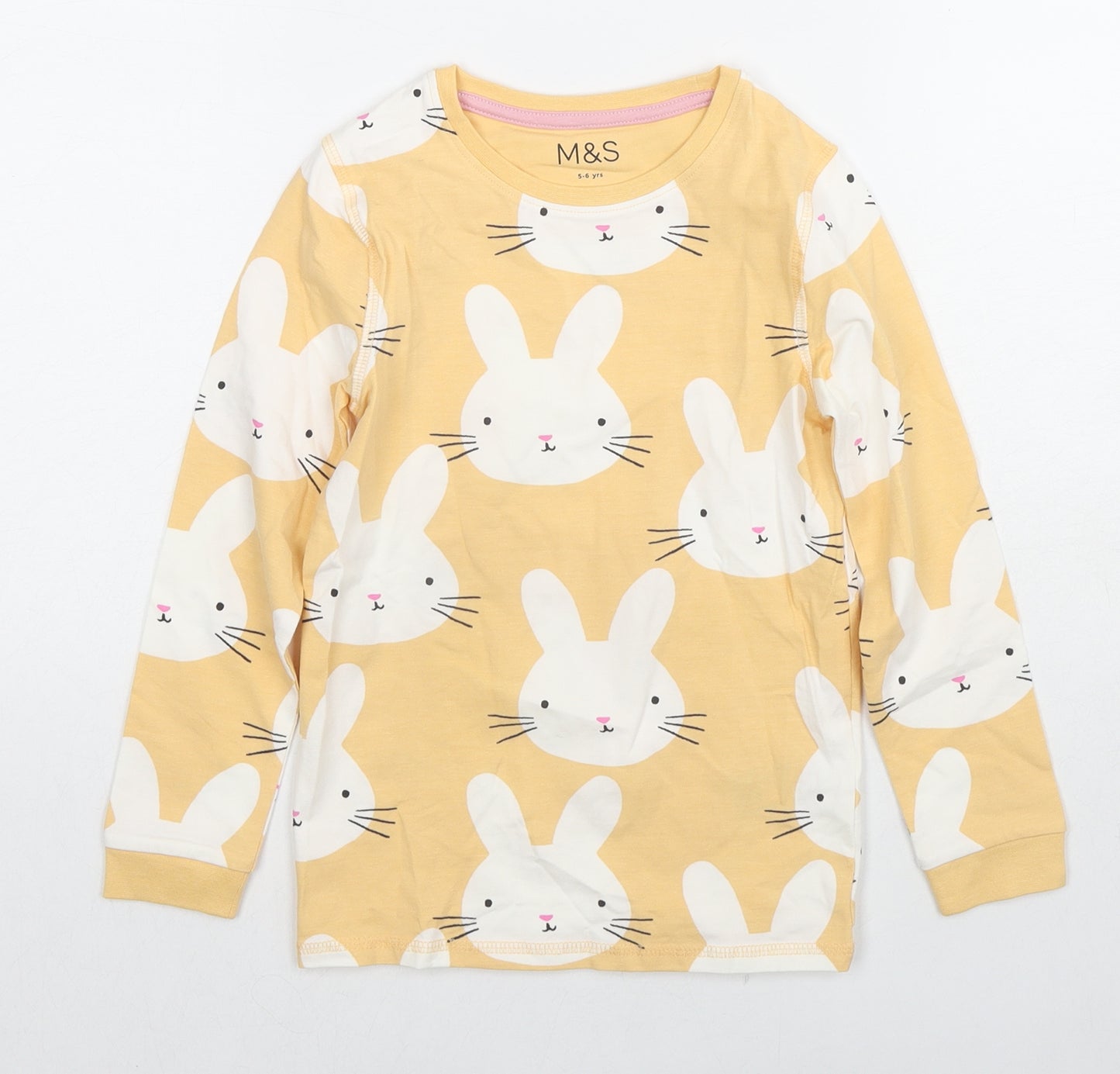 Marks and Spencer Girls Beige Cotton Basic T-Shirt Size 5-6 Years Round Neck Pullover - Bunny Rabbit