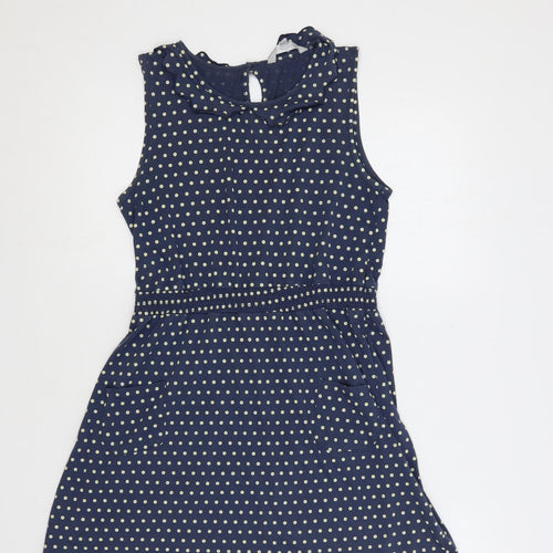 Red Herring Womens Blue Polka Dot Cotton A-Line Size 12 Boat Neck Button - Ruffle