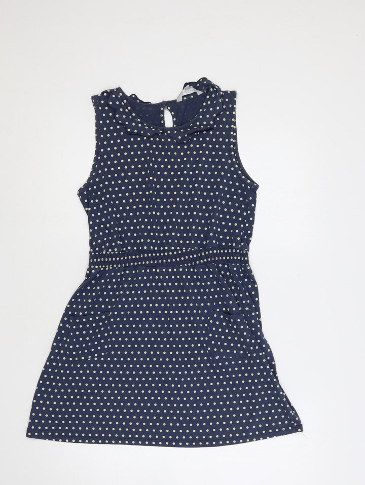 Red Herring Womens Blue Polka Dot Cotton A-Line Size 12 Boat Neck Button - Ruffle