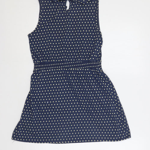 Red Herring Womens Blue Polka Dot Cotton A-Line Size 12 Boat Neck Button - Ruffle
