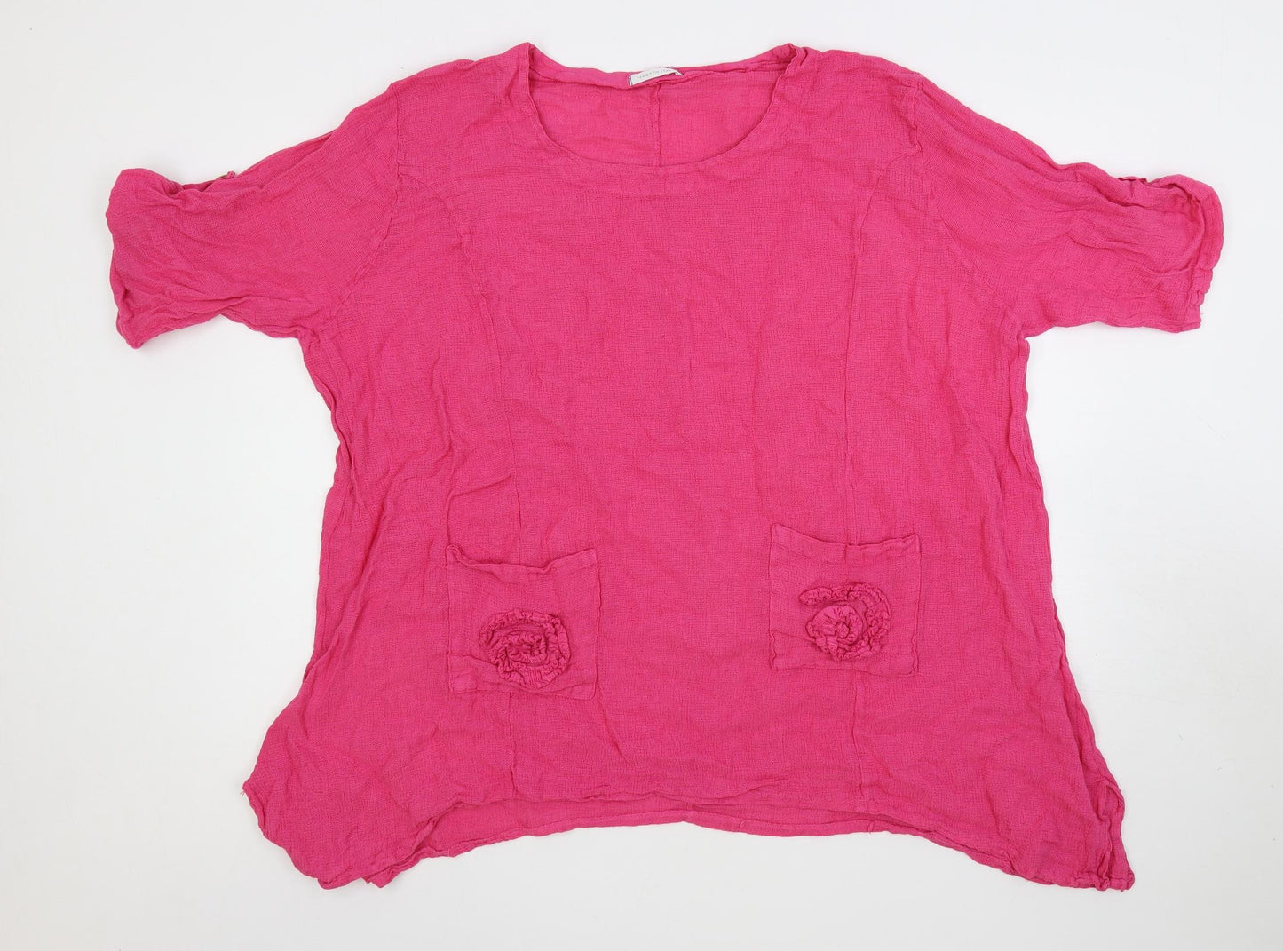 Made in Italy Womens Pink Linen Basic Blouse Size XL Boat Neck - Pockets