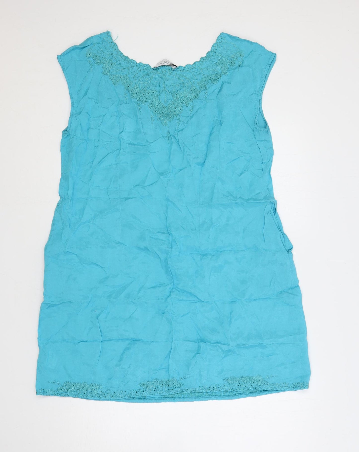 New Look Womens Blue Viscose Shift Size 16 Boat Neck Zip - Embroidered
