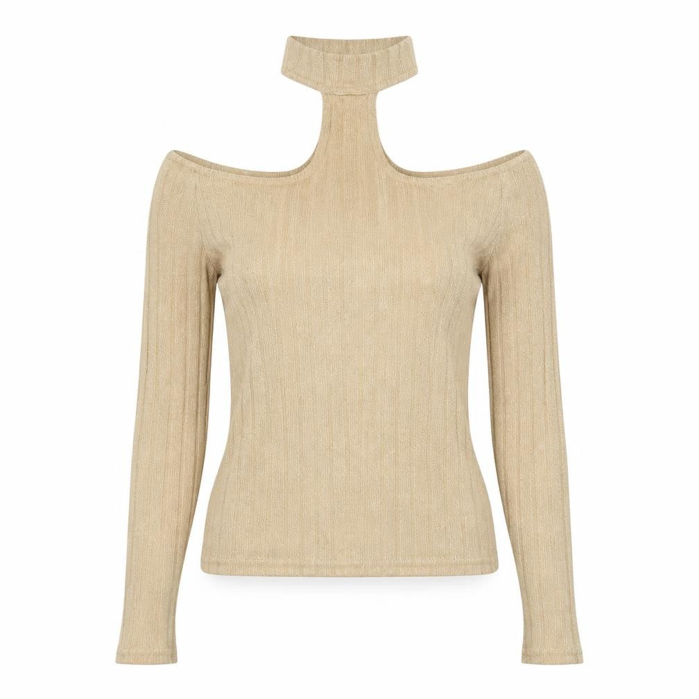 Front view of Divided by H&M women’s beige high neck polyester jumper, size S, - cut out