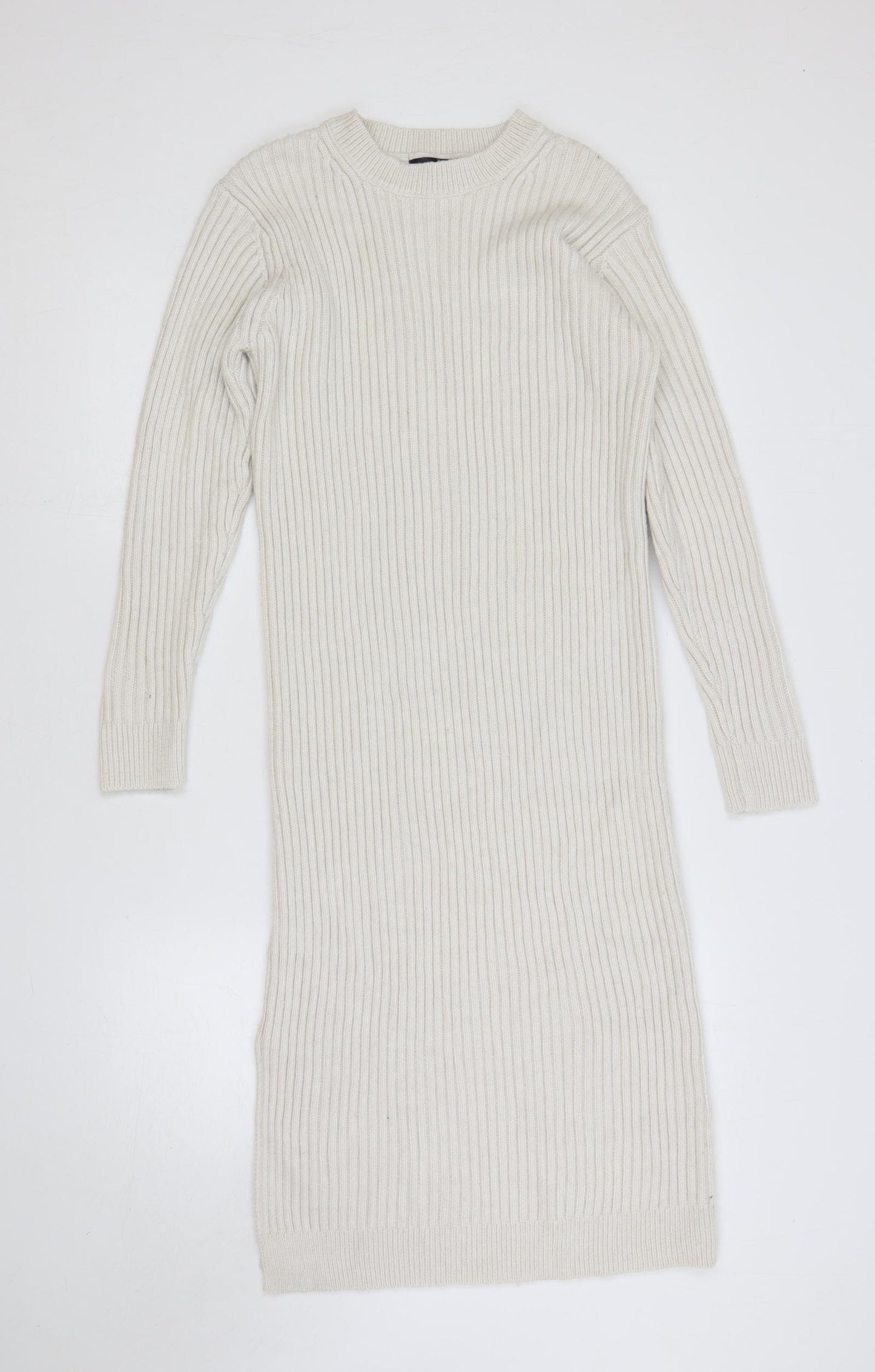 Marks and Spencer Womens Ivory Polyester Jumper Dress Size L Crew Neck Pullover - Ribbed