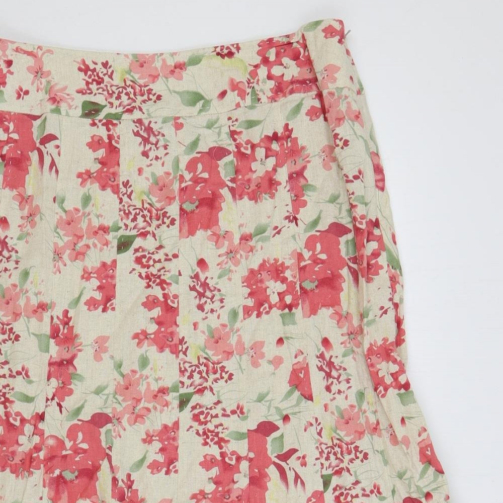 EWM Womens Beige Floral Linen A-Line Skirt Size 16 Zip