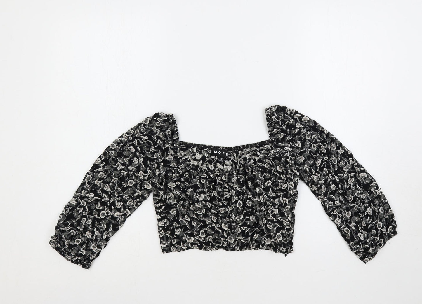 Motel Womens Black Floral Viscose Cropped Blouse Size XS Square Neck