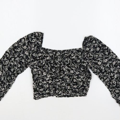 Motel Womens Black Floral Viscose Cropped Blouse Size XS Square Neck