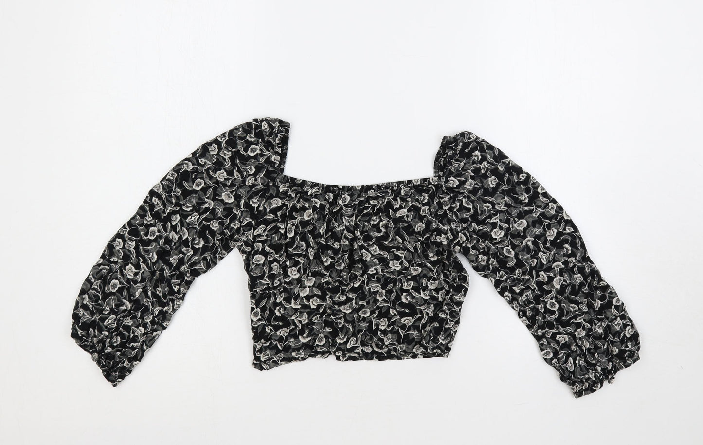 Motel Womens Black Floral Viscose Cropped Blouse Size XS Square Neck