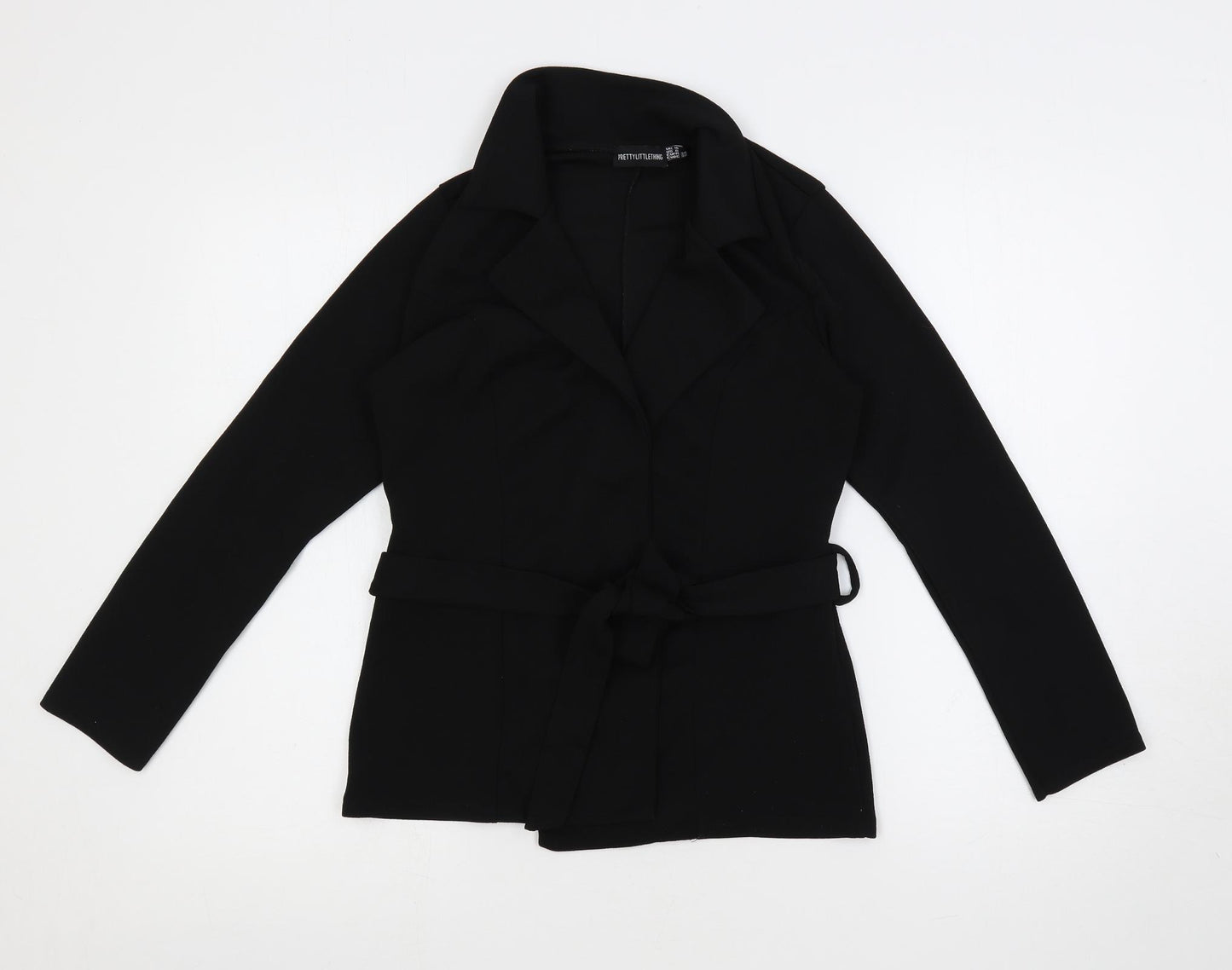 PRETTYLITTLETHING Womens Black Polyester Basic Blouse Size 10 V-Neck - Belted